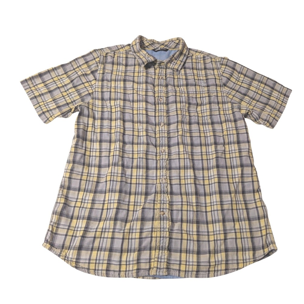 The North Face Men Large Yellow Grey Plaid Short Sleeve Cotton Button Down Shirt